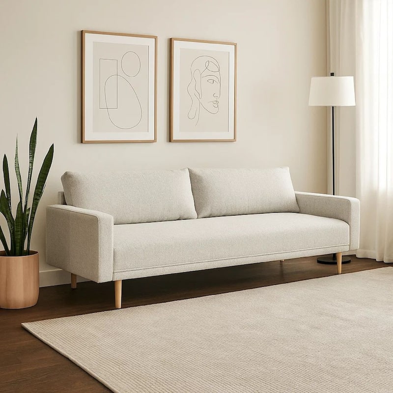 Remy Sofa, Off White Boucle, Bench Style Seat with Track Arms, 83 Inch