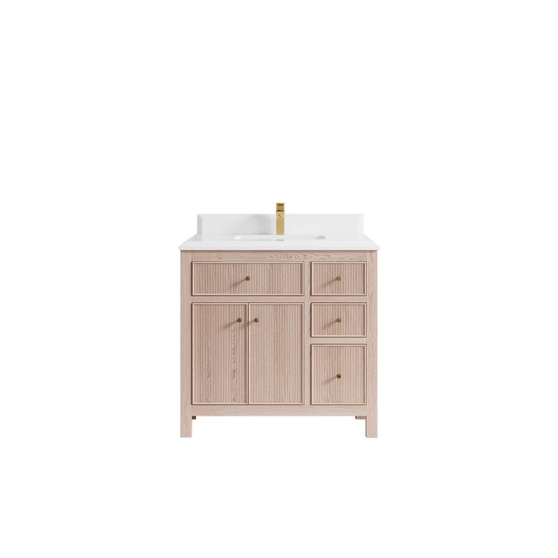 Willow Collections 36 x 22 Sonoma Oak Wood Center Sink Left Bathroom Vanity with Quartz or Marble Countertop - 1.5"White - White Oak