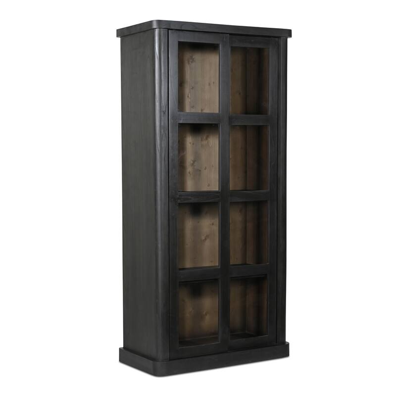 NADAAL STUDIOS Selira Cabinet, Sliding Glass Doors with Rounded Frame in Solid Neem Wood, Black