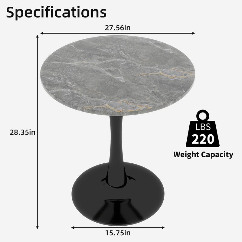 27.6" Mid-Century Modern Style Dining Table, Accommodates 2-4 People, Featuring A Round Dark Gray Textured Marble Tabletop