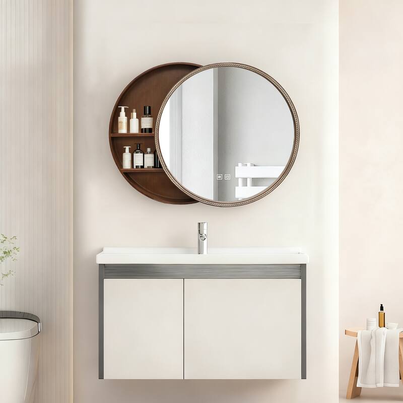 23.62" Sliding Round Wall Mirror with Storage Shelves - 2-Tier Wooden Side Cabinet, Space-Saving Hanging Mirror