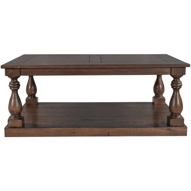 Rustic Floor Shelf Coffee Table With Storage,Solid Pine Wood Coffee
