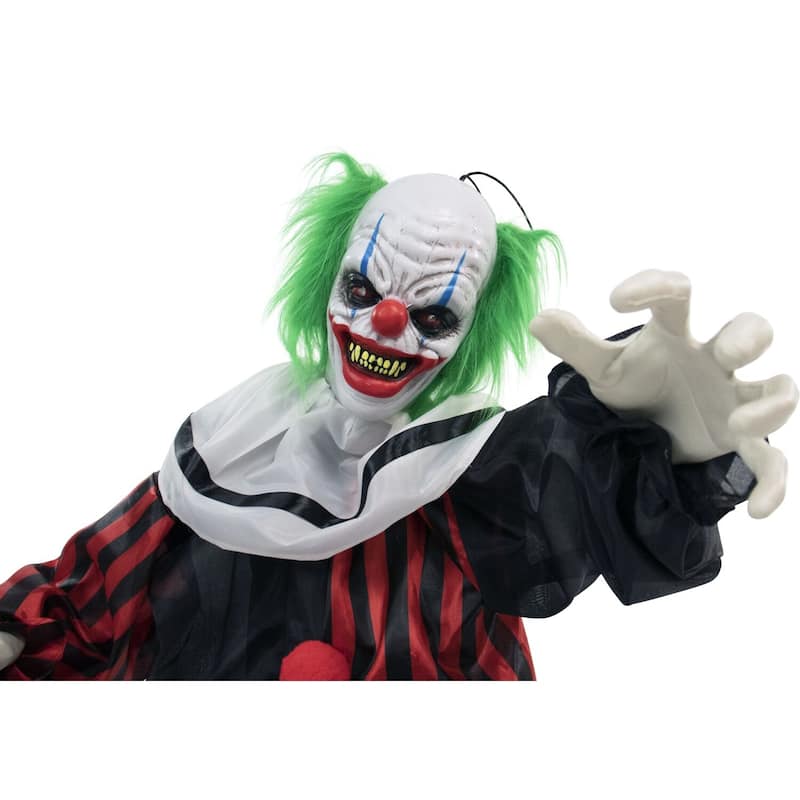 Life-Size Animatronic Crouching Clown with Lights and Sound, Indoor or Covered Outdoor Halloween Decoration