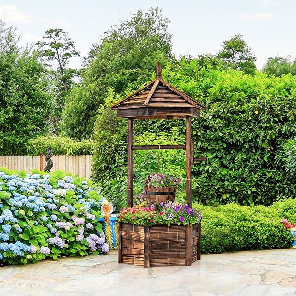 Wooden Wishing Well Hexagonal Bucket Flower Plants Planter Decor