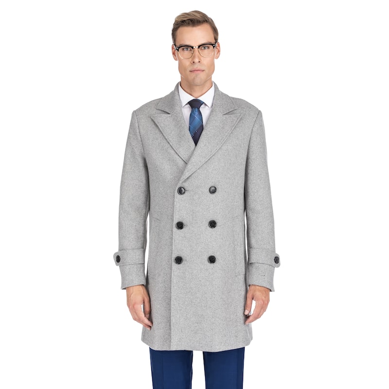 Men's Double Breasted Wool Blend Coats - Light Grey - XL