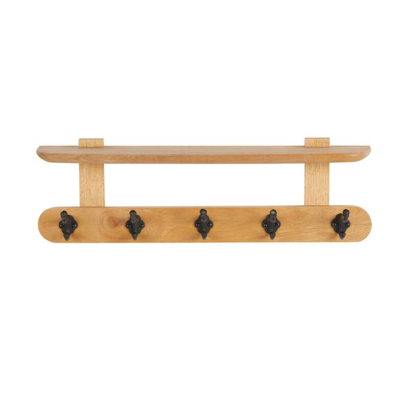 Mango Wood Handmade Single Shelf Wall Hook with 5 Hooks - Brown - Roche River Decor - 6"W x 26"L x 8"H