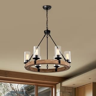 Matte Black and Vintage Wood 6-Light Wheel Chandelier with Clear Glass Shades