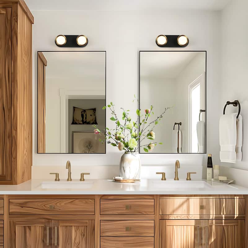 Modern 2-Light Black Gold LED Wall Sconces Bathroom Vanity Lights with Adjustable Shades - 11.8" L x 3.3" W x 4.3" H