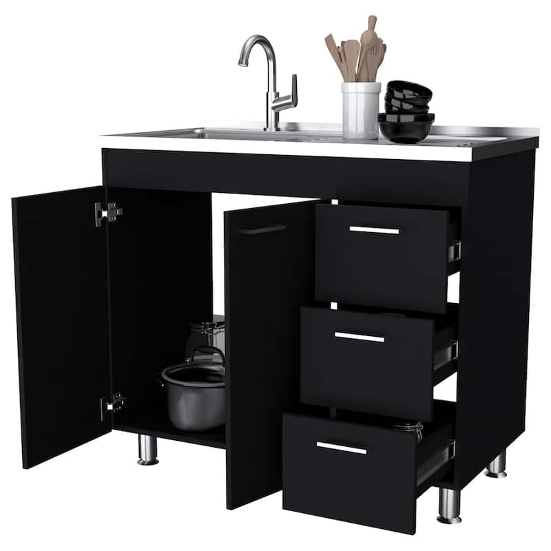 Darien melamine base cabinet, three drawers and stainless steel top.