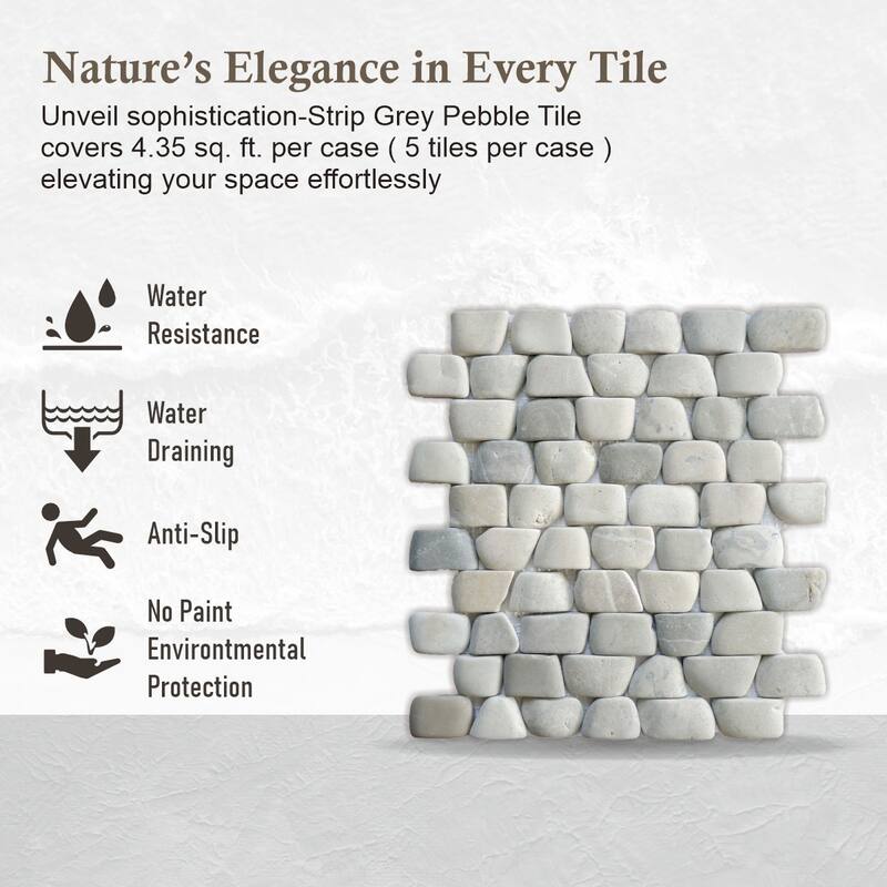 Strip Grey Pebble Mosaic Tiles for Backsplash Kitchen and Bathroom Wall (10.5" X 12") 5 tiles per case - Case (5 Tiles)