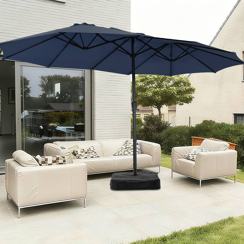 Ainfox 10ft Solar Patio Umbrella 40 LED Lighted and Umbrella Base, Strip Lights Outdoor Market Table Umbrella - Navy Blue