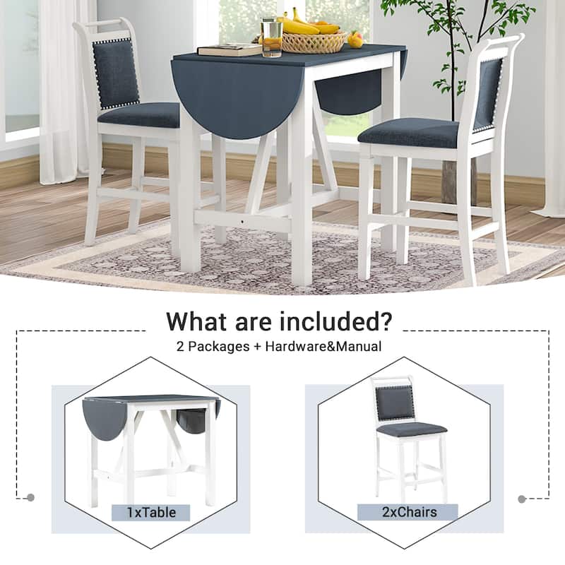 3-Piece Wood Counter Height Dining Table Set with 2 Upholstered Dining Chairs and Drop Leaf Dining Table for Kitchen