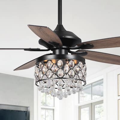 Black 5-Blade 4-light Crystal Ceiling Fan Chandelier with Remote - 52-inch