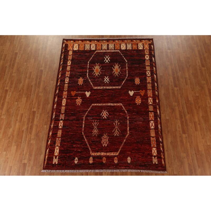 Hand Knotted Oriental 100% Wool Carpet Modern Tribal Red Moroccan Area Rug - 9' 10'' X 7' 0''