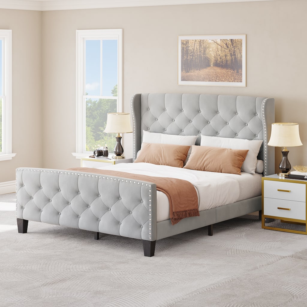 Queen Velvet Wingback Upholstered Headboard Platform Bed