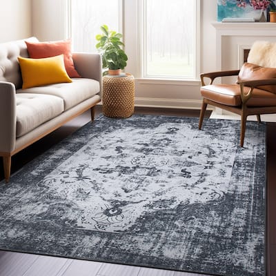 Vintage Distressed Medallion Machine Washable Area Rug