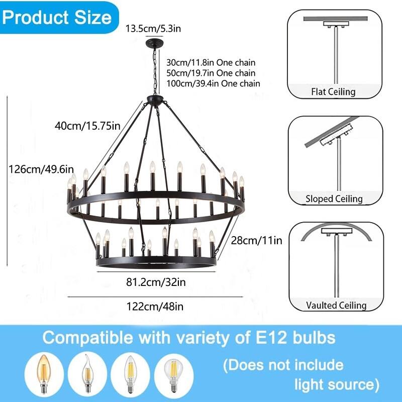 48in 2 Tier Wagon Wheel Chandelier, 36-Light Extra Large Chandelier