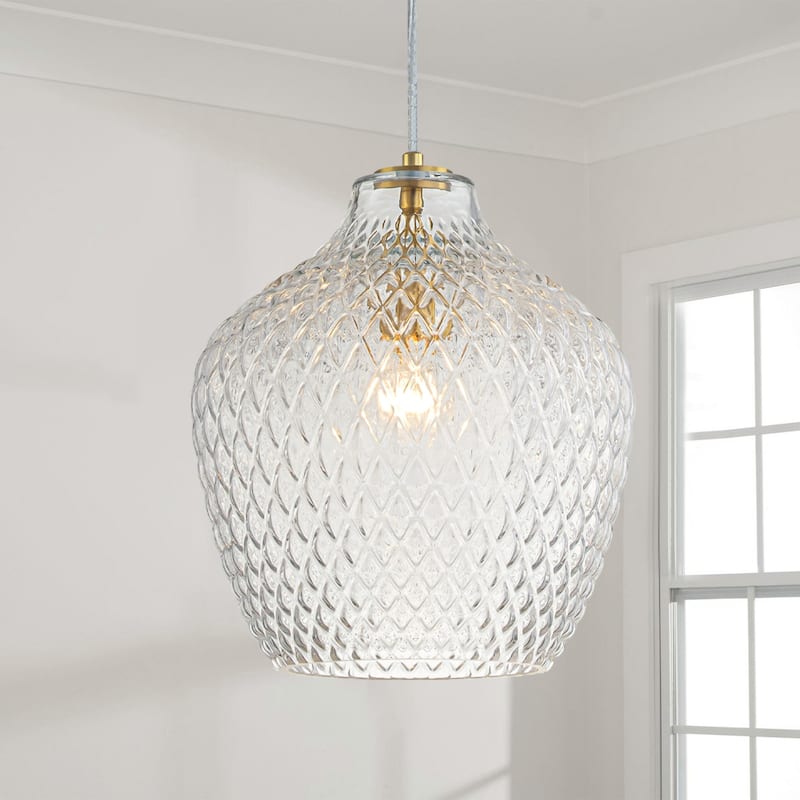 11" Modern Elegant 1-Light Gold Adjustable Pendant Lighting with Diamond-Pattern Glass Shade for Kitchen Island