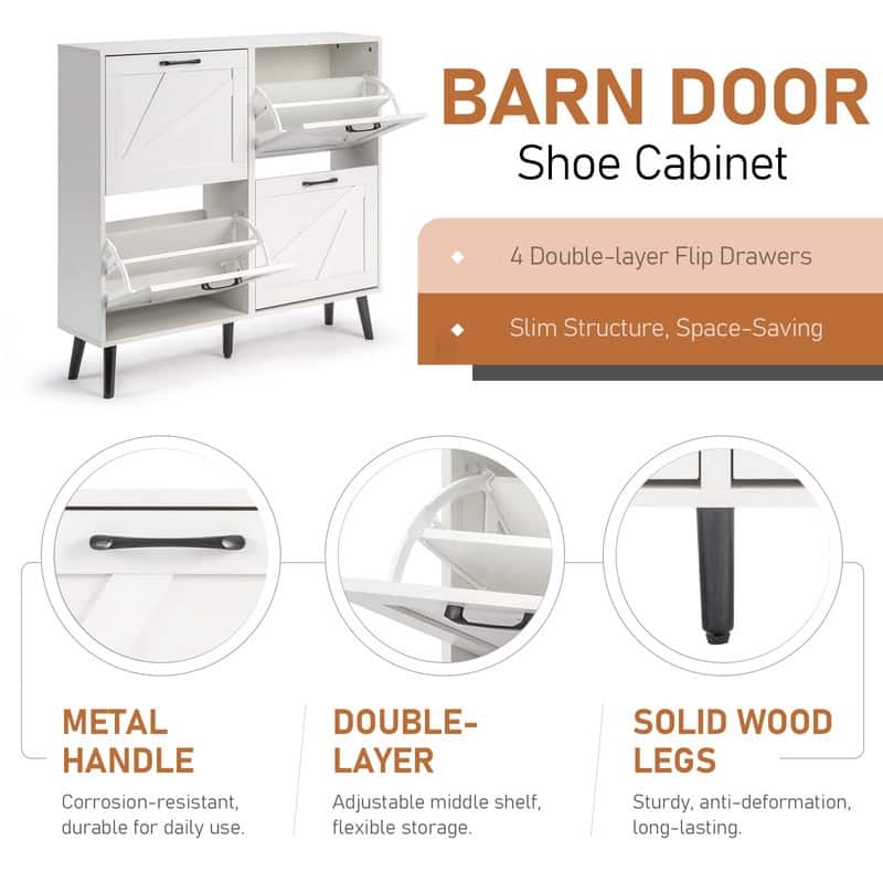 Barn Door 4 Flip Black Handles Melamine Particleboard Shoe Cabinet 41.7In