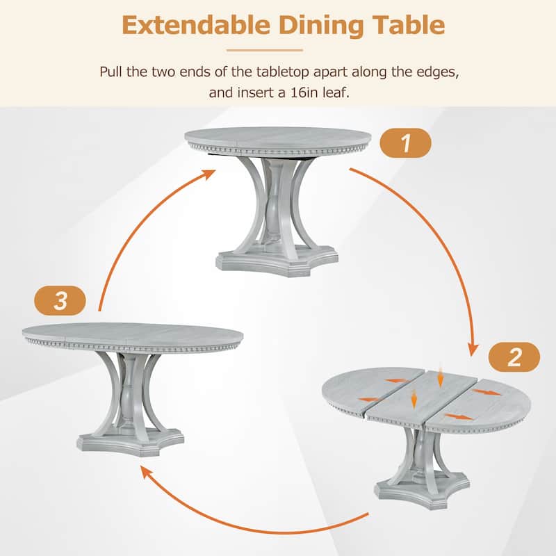 Retro Dining Table and Chairs 5-piece Set, Retractable Round Table with 4 upholstered Chairs, Kitchen Dining Room Coffee Table