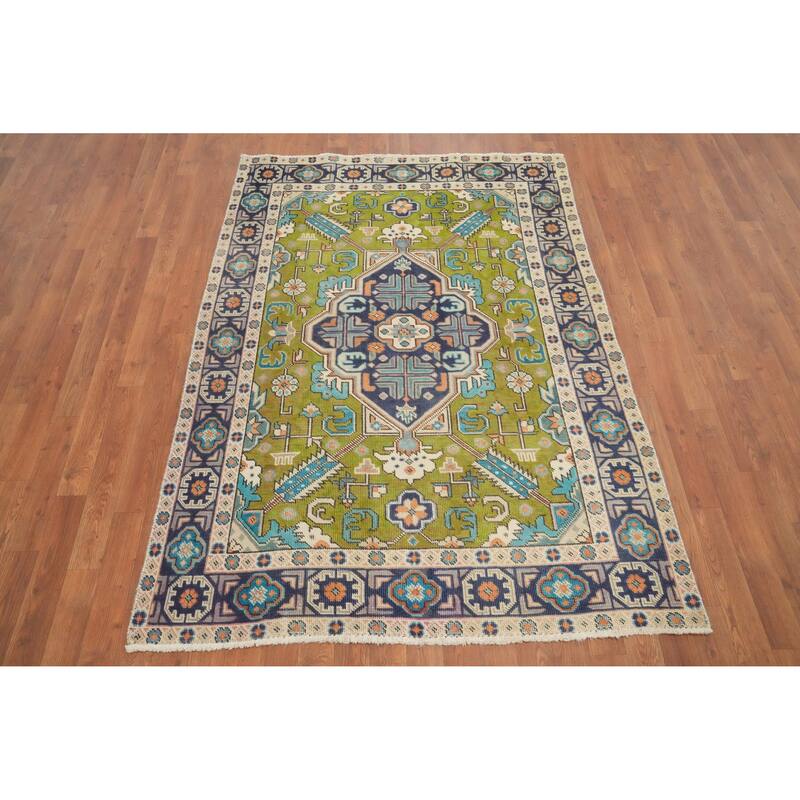 Hand Knotted Oriental 100% Wool Carpet Traditional Medallion Green Tabriz Area Rug - 5' 10'' X 4' 4''