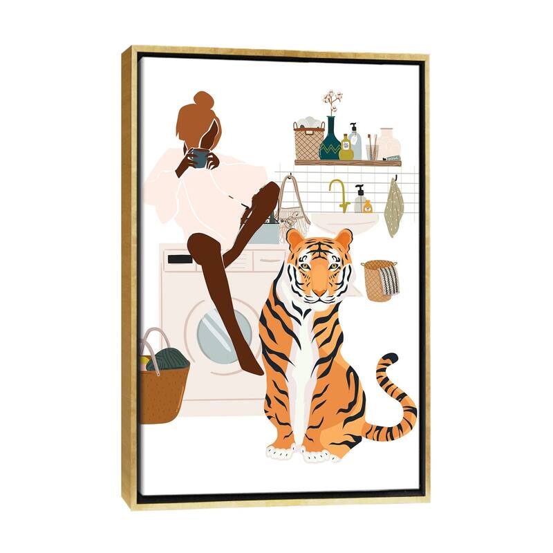 iCanvas "Tiger In Laundry Room" by Jania Sharipzhanova Framed Canvas Print - Gold - 40x26