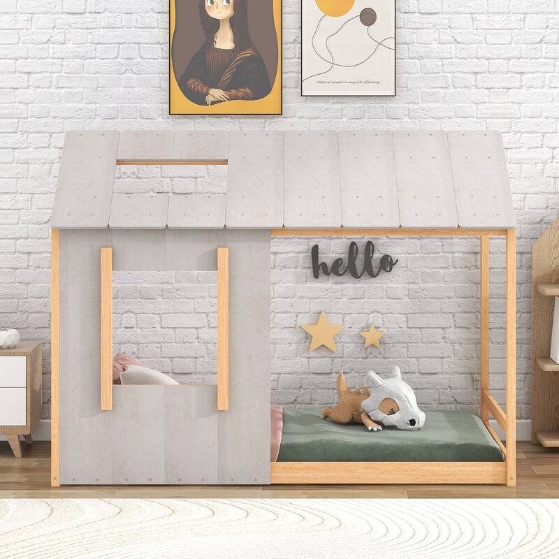 Twin Size House Platform with Roof and Window - Natural - Twin
