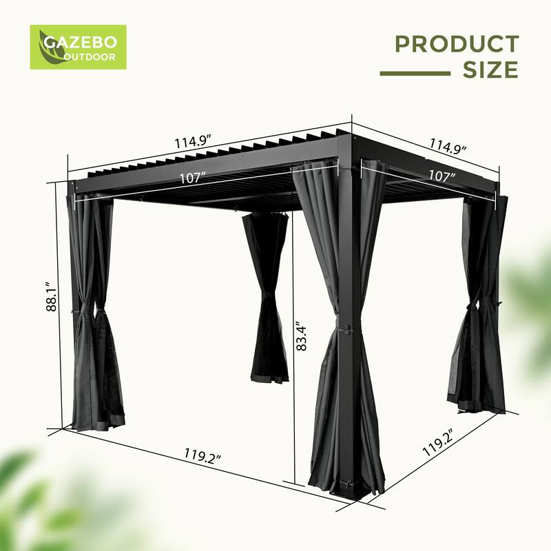 10 ft. x 10 ft. Aluminum Louvered Pergola with Adjustable Roof and Curtains