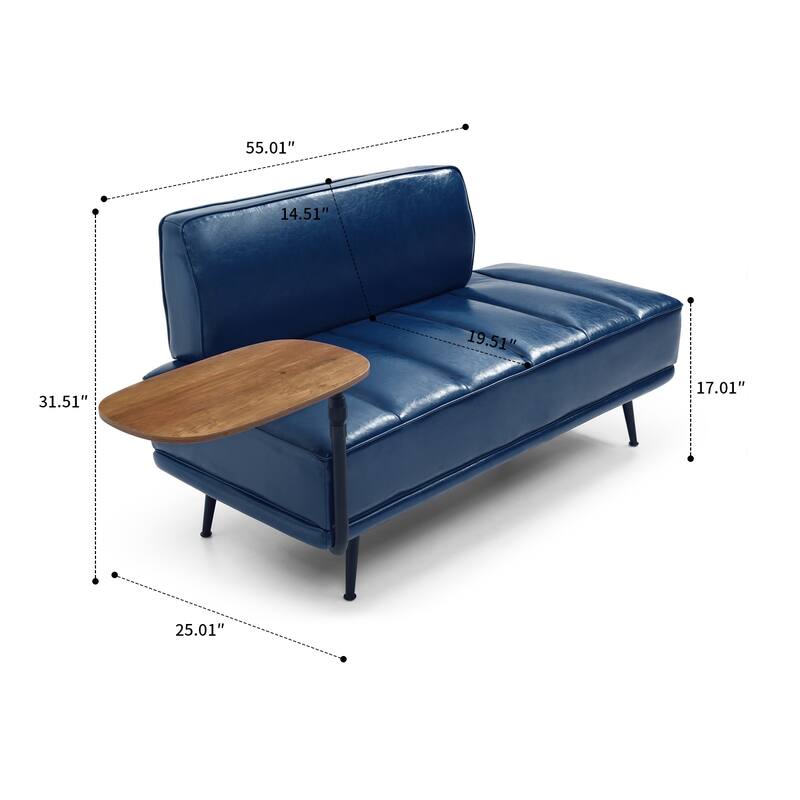 Modern minimalist bench with upholstered backrest and 360-degree swivelling side table, metal legs