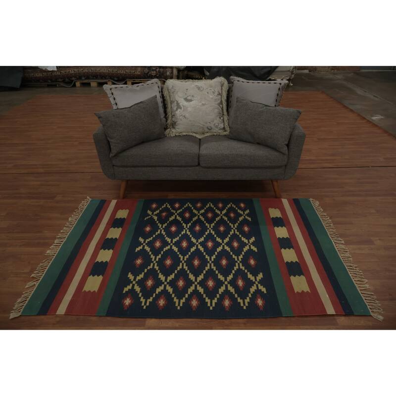 Hand Woven Oriental 100% Wool Carpet Southwestern Geometric Navy Blue & Blues Kilim Area Rug - 6' 2'' X 4' 3''