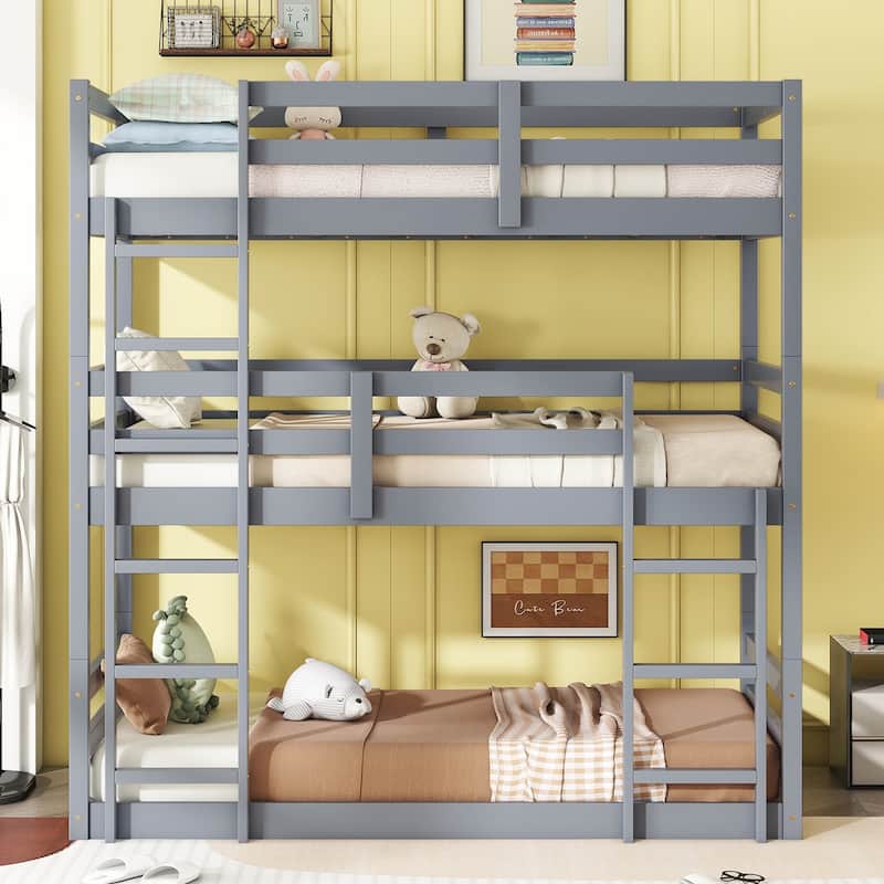 Triple Rubber Wood Bunk Bed with Two Built-in Ladders, Guardrails, Twin over Twin over Twin, Detachable Triple Twin Bunk Bed - Grey