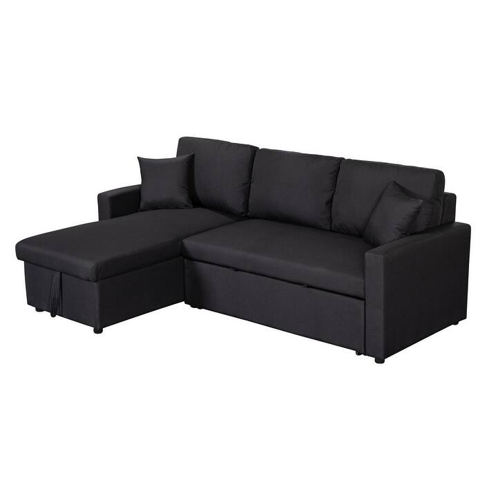 Paisley Linen Fabric Reversible Sleeper Sectional Sofa with Storage Chaise