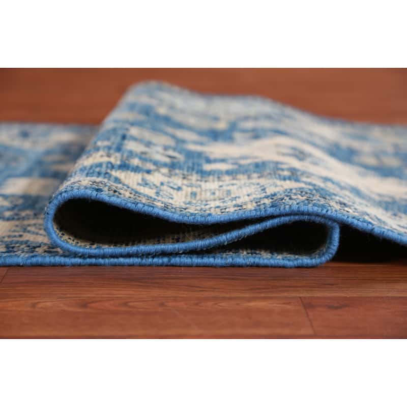 Hand Knotted Oriental 100% Wool Carpet Transitional All-Over Navy Blue & Blues Oushak Runner Rug - 19' 5'' X 2' 7''