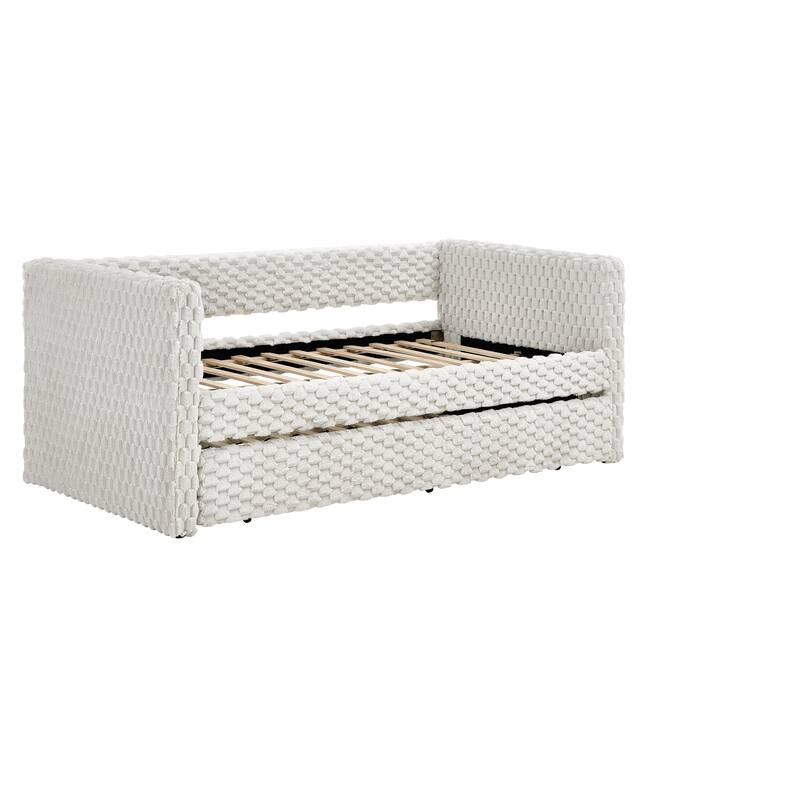 Anmytek Twin Size Upholstered Pull-Out Daybed Sofa Bed with Plaid Corduroy Fabric