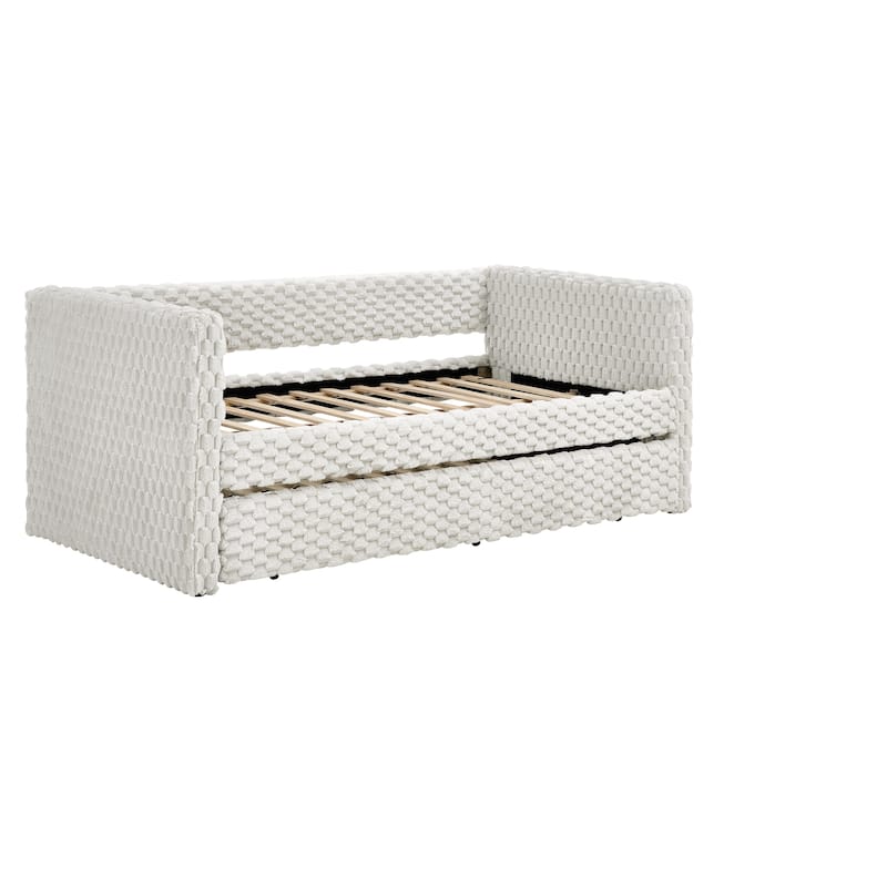 Twin Size Convertible Daybed with Plaid Corduroy Upholstered Sofa Bed Pull-Out Trundle (Space-Saving Design)