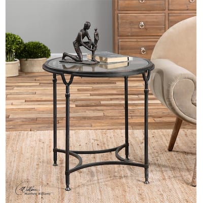 25" Samson Black Steel Silver Metal Undertones Clear Glass Side Table