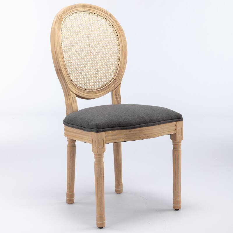 Exquisite Solid Wood Frame Dining Chair with Linen Fabric and Rattan Backrest, Set of 2