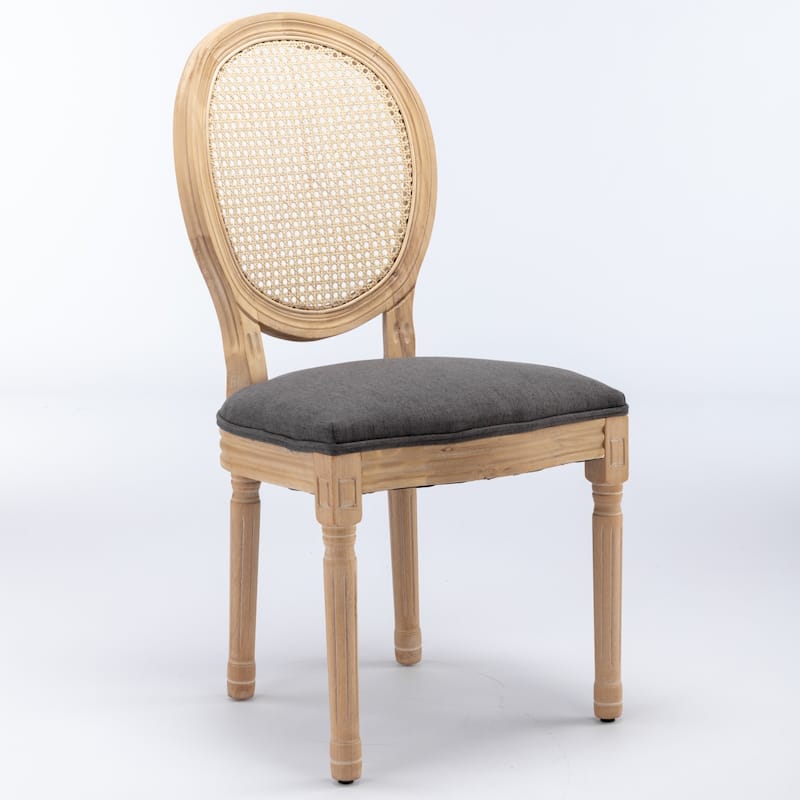 French Style Solid Wood Frame Antique Painting Linen Fabric Rattan Back Dining Chair,Set of 2