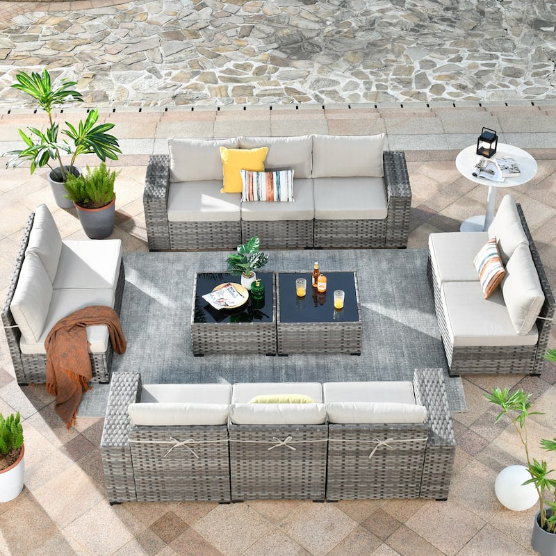 HOOOWOOO 12-Piece Rattan Outdoor Patio Furniture Modular Wide Armrest Sectional Set - Beige