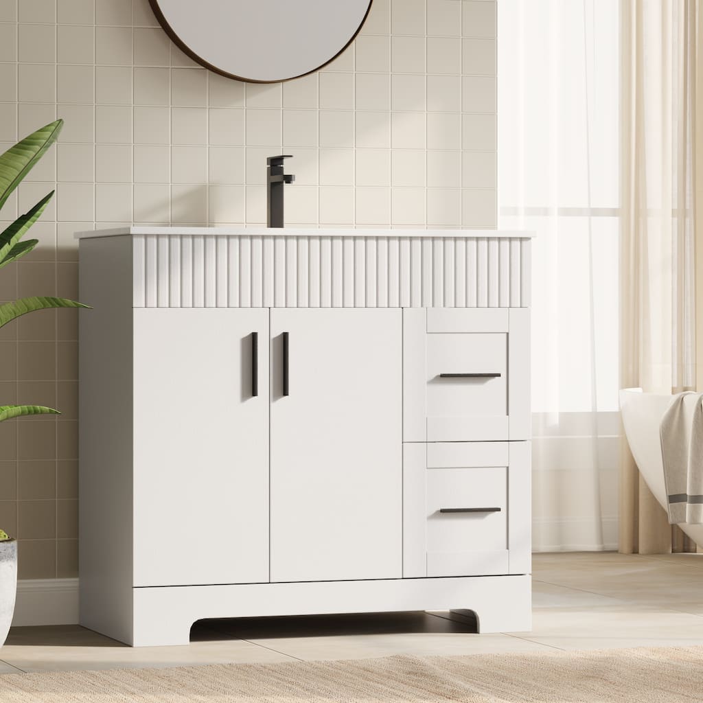 EROMMY Bathroom Vanity with Sink and Faucet, Freestanding Vanity Cabinet with Drawers & Doors, White Ceramic Top