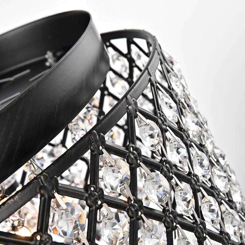 Antique Black 4-Light Round Drum Flush Mount with Cascading Crystal