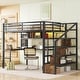 preview thumbnail 1 of 16, Full Size Iron LED Storage Loft Bed Frame with Stair, Desk and Drawers Black