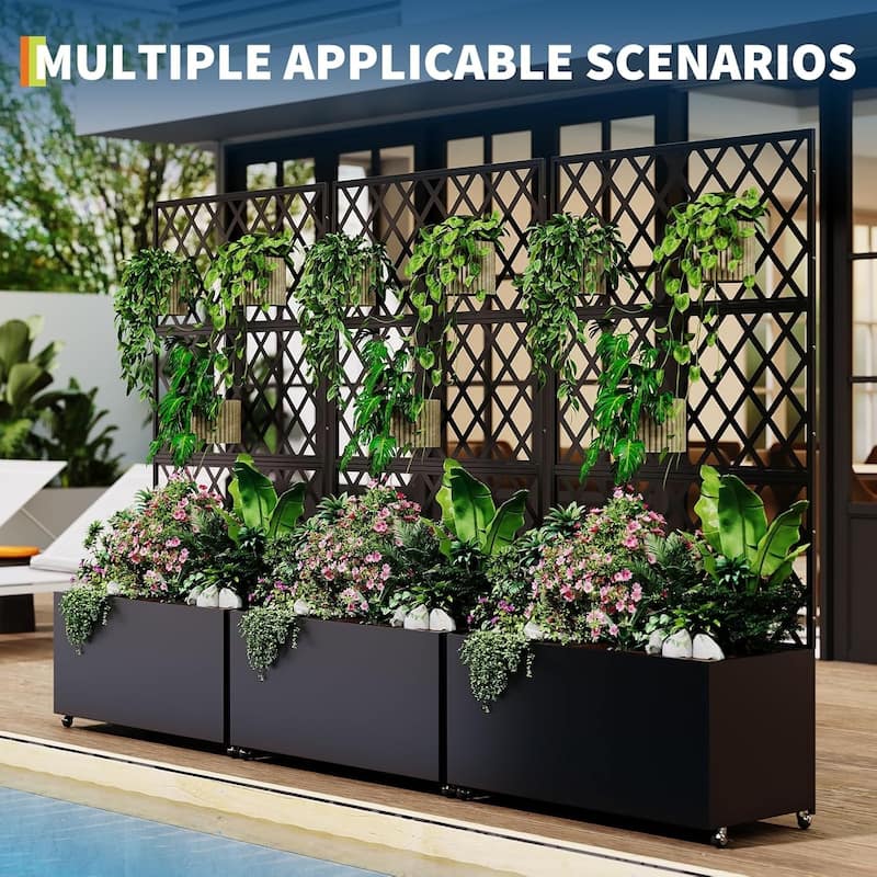 70x35x15Inch Large Elevated Galvanized Steel Garden Bed with Trellis and Privacy Screen Outdoor Planter Box on Locking Wheels