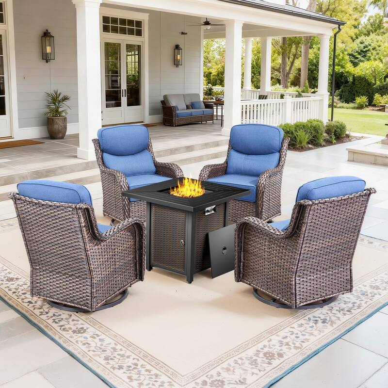Pocassy 30 Inch Fire Pit Table with Sofa Swivel Chair Set - Blue Cushion Brown Wicker - 5-Piece Fire Pit Table w/ Swivel Chair Set.