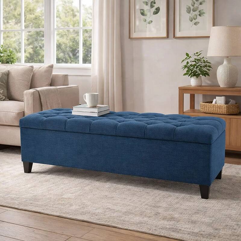 Elias Storage Bench, 51 Inch Button Tufted Blue Velvet, Solid Wood