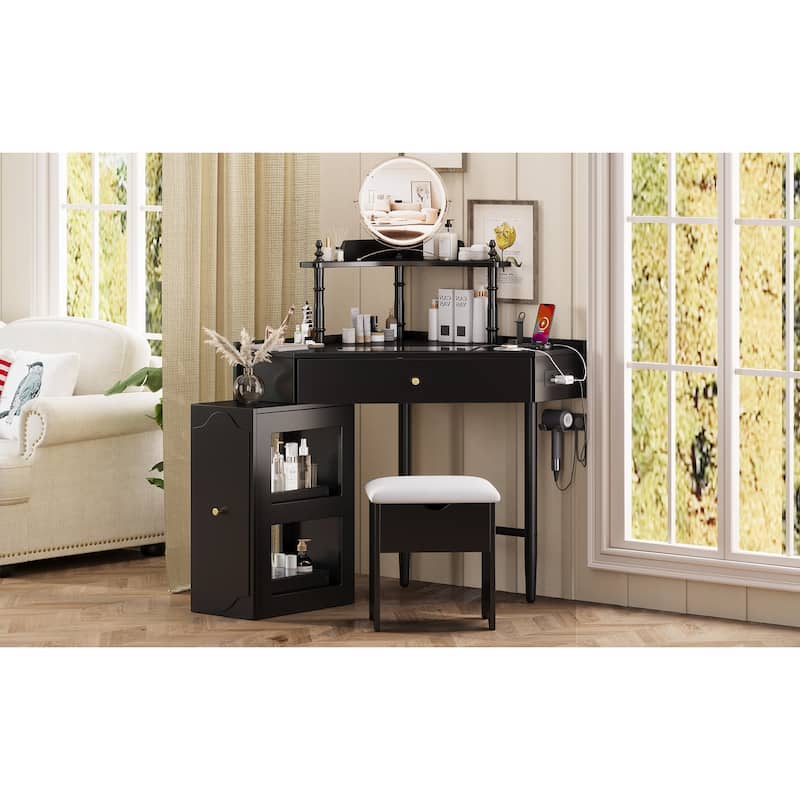 Corner Vanity Desk Set with Storage Stool, Glass Tabletop Makeup Vanity, Dressing Table with Side Cabinet, Drawer & Shelf