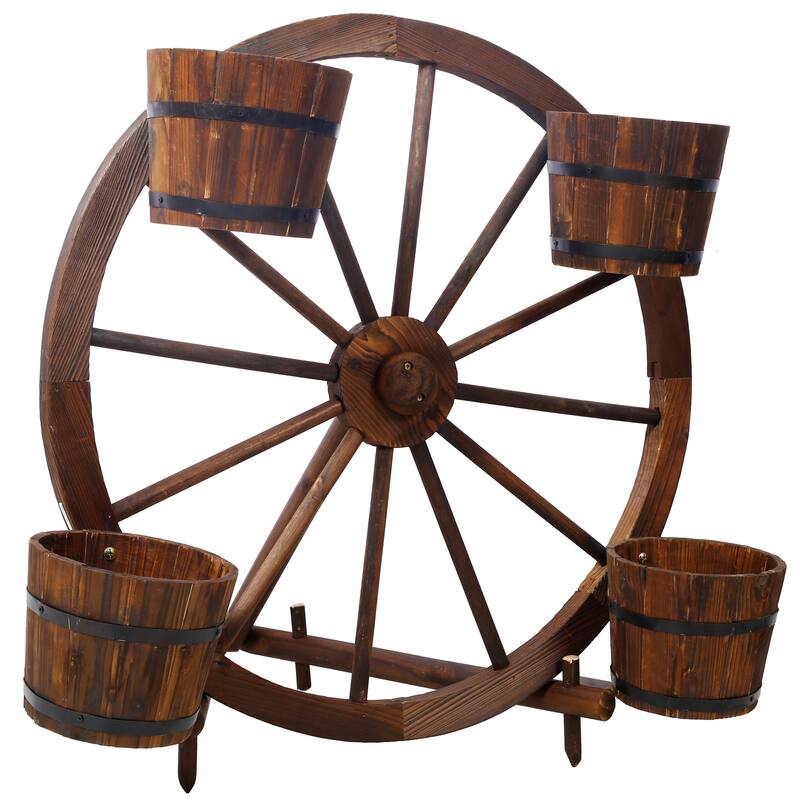 Wood wagon wheel barrel planter, Wagon Wheel Barrel Planter Display