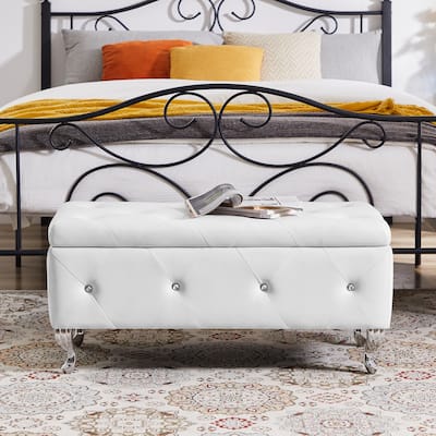 PU Tufted Fabric Storage Bench with Flip Top and Sturdy Metal Feet