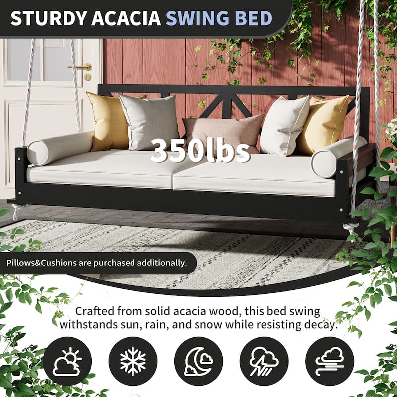 Wood Twin Size Patio Hanging Swing with Hemp Ropes (No Cushion,Pillow)