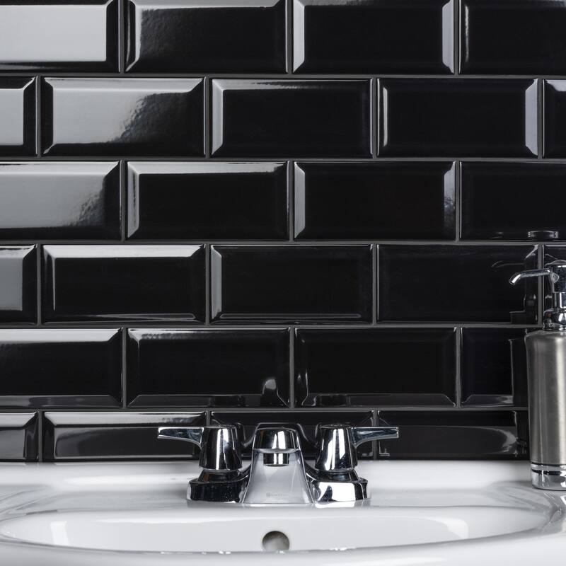 Merola Tile Crown Heights Beveled Glossy Black 3" x 6" Ceramic Wall Tile
